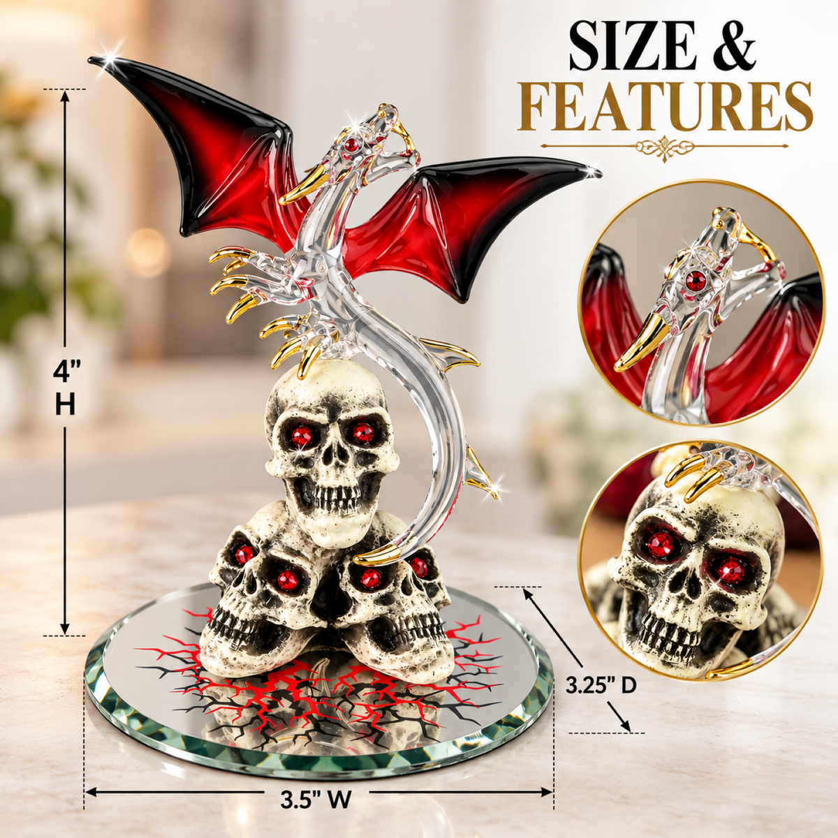 Dragon Skull Figurine, Red Winged Dragon Decor, Gothic Fantasy Gift