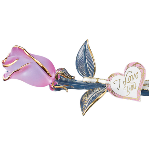 I Love You Pink Glass Rose Handcrafted Gold Trimmed Keepsake