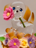 Playful Glass Puppy Figurine in Flower Basket | Dog Lover Gift Decor