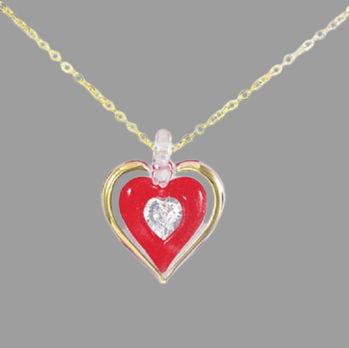 Red Heart Necklace with Crystal ~ 22kt gold trim