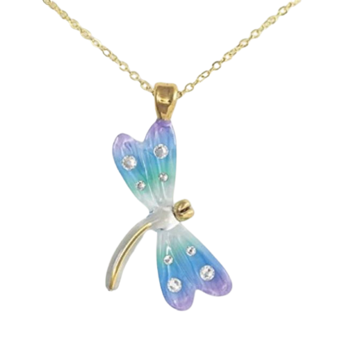 Glass Baron ~ Blue Dragonfly w/Crystals Necklace