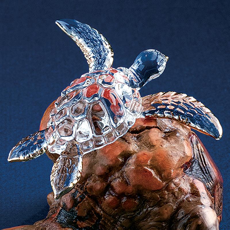 Glass Sea Turtle Figurine On Wooden Base with 22kt Gold Accents
