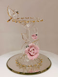 Bird on Birdbath Figurine | Handcrafted Glass Bird and Rose Decor