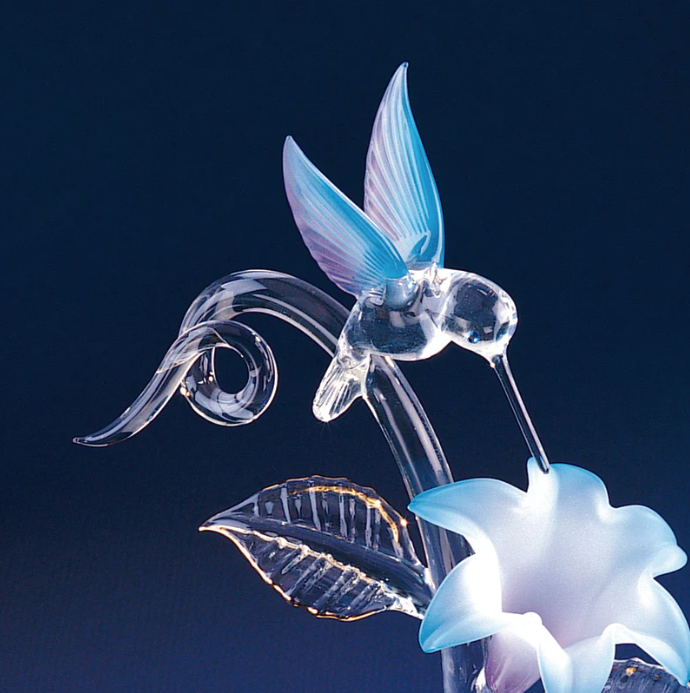Hummingbird and Blue Lily Glass Handcrafted Collectible Figurine
