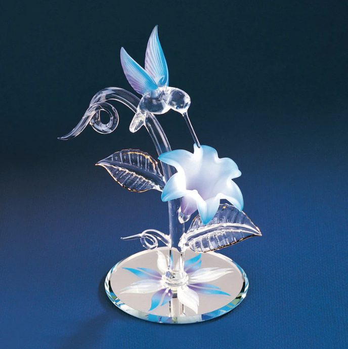 Hummingbird and Blue Lily Glass Handcrafted Collectible Figurine