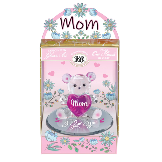 Glass Bear Figurine Gift for Mom Handcrafted Mother’s Day with Heart Love You Decor