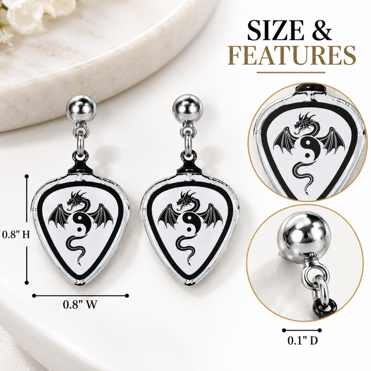 Dragon Guitar Pick Earrings, Black Dragon Jewelry, Music Lover Gift