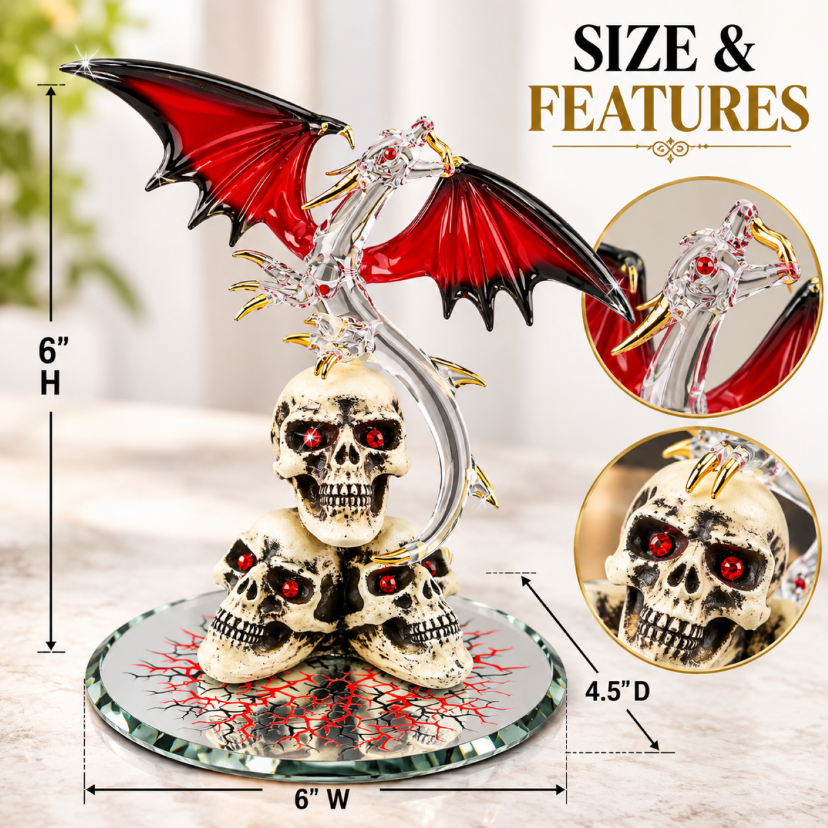 Dragon Skull Figurine, Large Red Winged Dragon Statue, Gothic Fantasy Decor