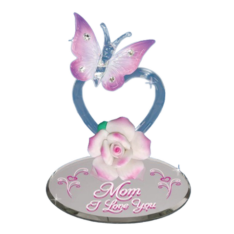 Butterfly "Mom I Love You" Glass Figurine with Heart and Crystal