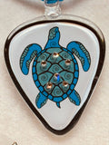 Aloha Sea Turtle Guitar Pick Necklace Handcrafted Glass Pendant with Crystals