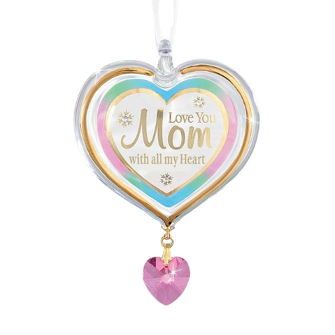 Love You Mom Heart Ornament Handcrafted Glass Gift for Mom