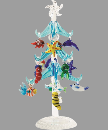 Blue Christmas Tree with Sea Life Ornaments, Handcrafted Christmas Decor, Holiday Home Decoration, Glass Ornament