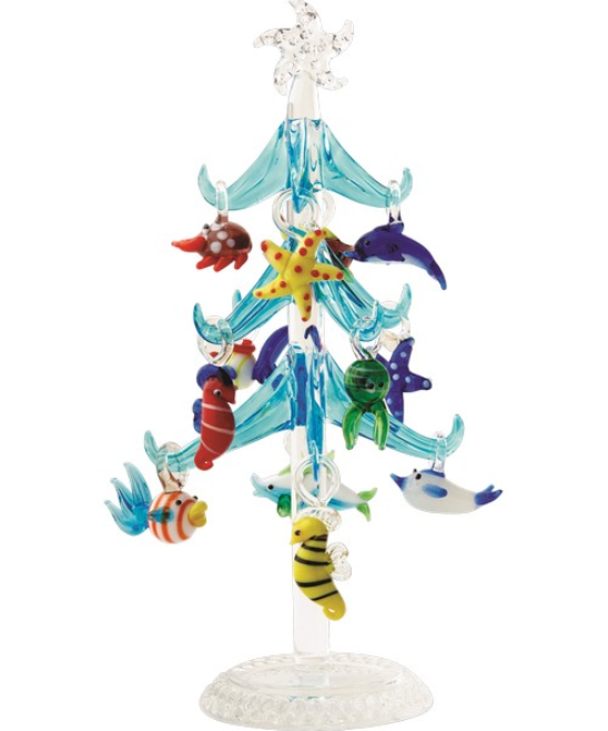 Blue Christmas Tree with Sea Life Ornaments, Handcrafted Christmas Decor, Holiday Home Decoration, Glass Ornament