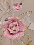 Bird on Birdbath Figurine | Handcrafted Glass Bird and Rose Decor