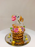 Playful Glass Puppy Figurine in Flower Basket | Dog Lover Gift Decor