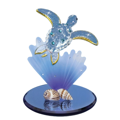 Glass Sea Turtle Figurine with Blue Coral | Ocean Decor | Sea Life Gift