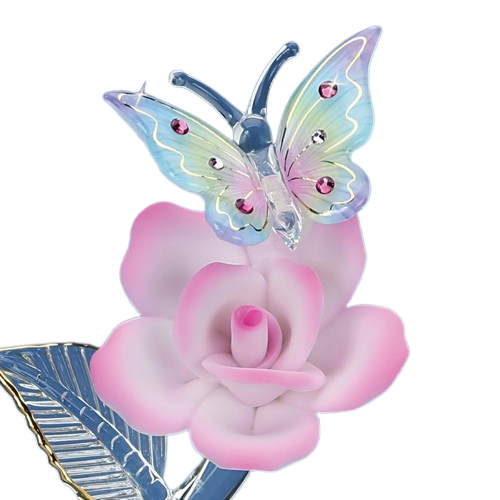 Butterfly and Rose Garden Figurine, Glass Butterfly & Pink Rose, Crystals Butterfly, Home Decor, Mother's Day Gift, Christmas Gift