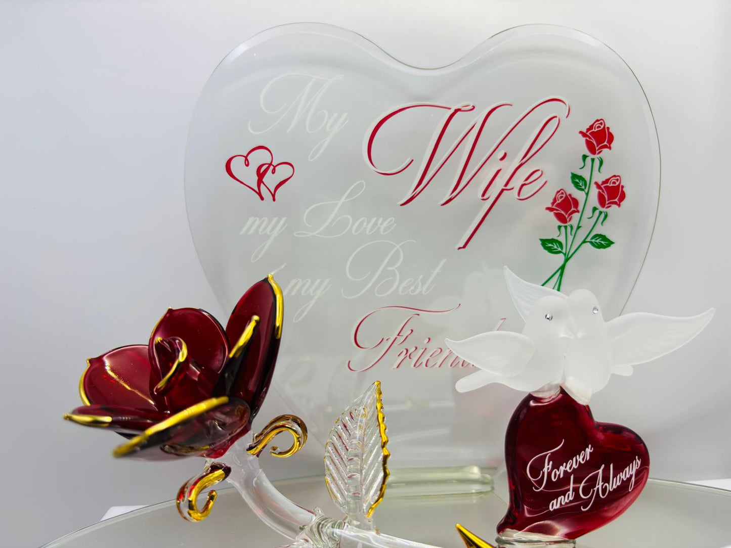 Rose with Doves “My Wife” Glass Figurine Romantic Anniversary Gift