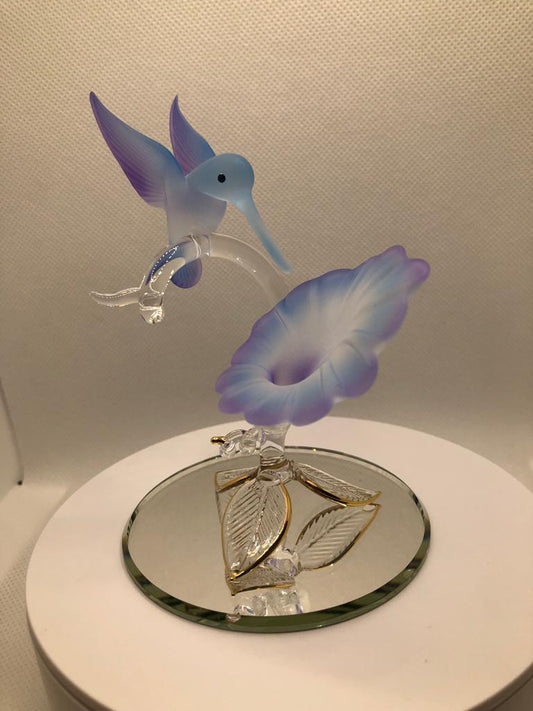 Glass Hummingbird Figurine, Handmade Bird Blue Flower, Hummingbird Statue, Home Garden Decor, Gift for Bird Lover, Christmas Gift