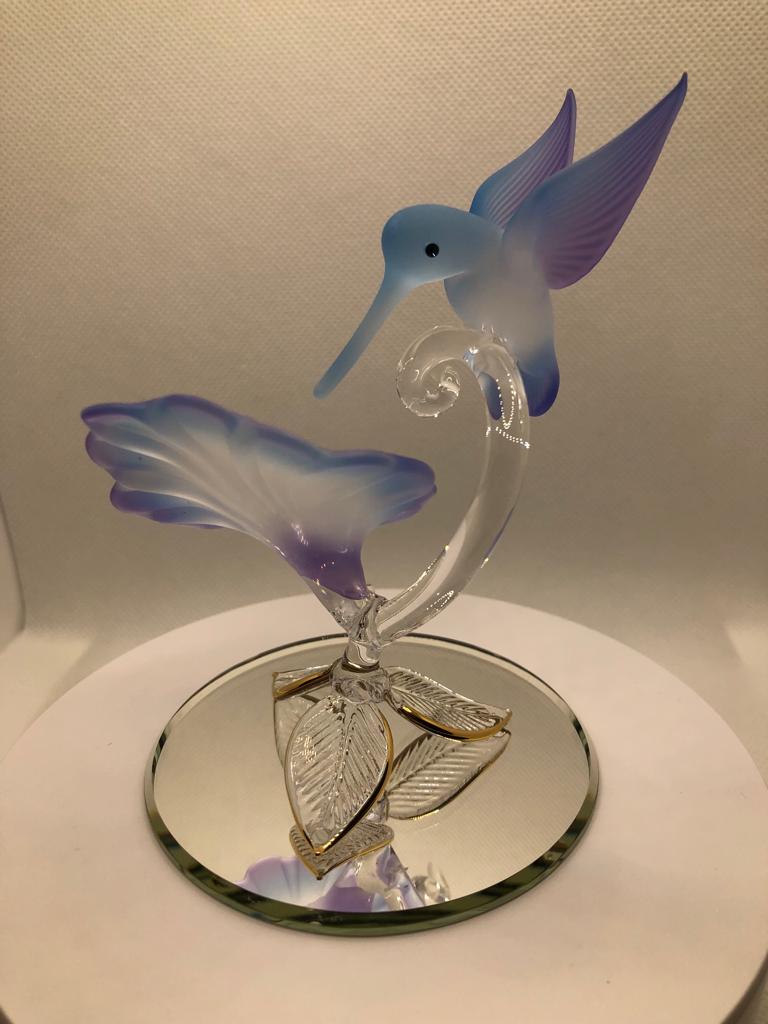 Glass Hummingbird Figurine, Handmade Bird Blue Flower, Hummingbird Statue, Home Garden Decor, Gift for Bird Lover, Christmas Gift