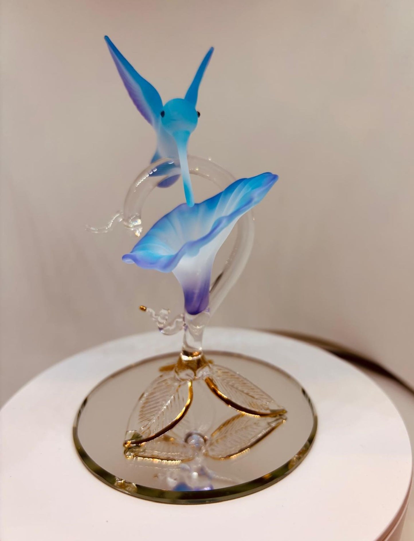 Handcrafted Hummingbird on Blue Flower Figurine Glass Collectible Nature Decor
