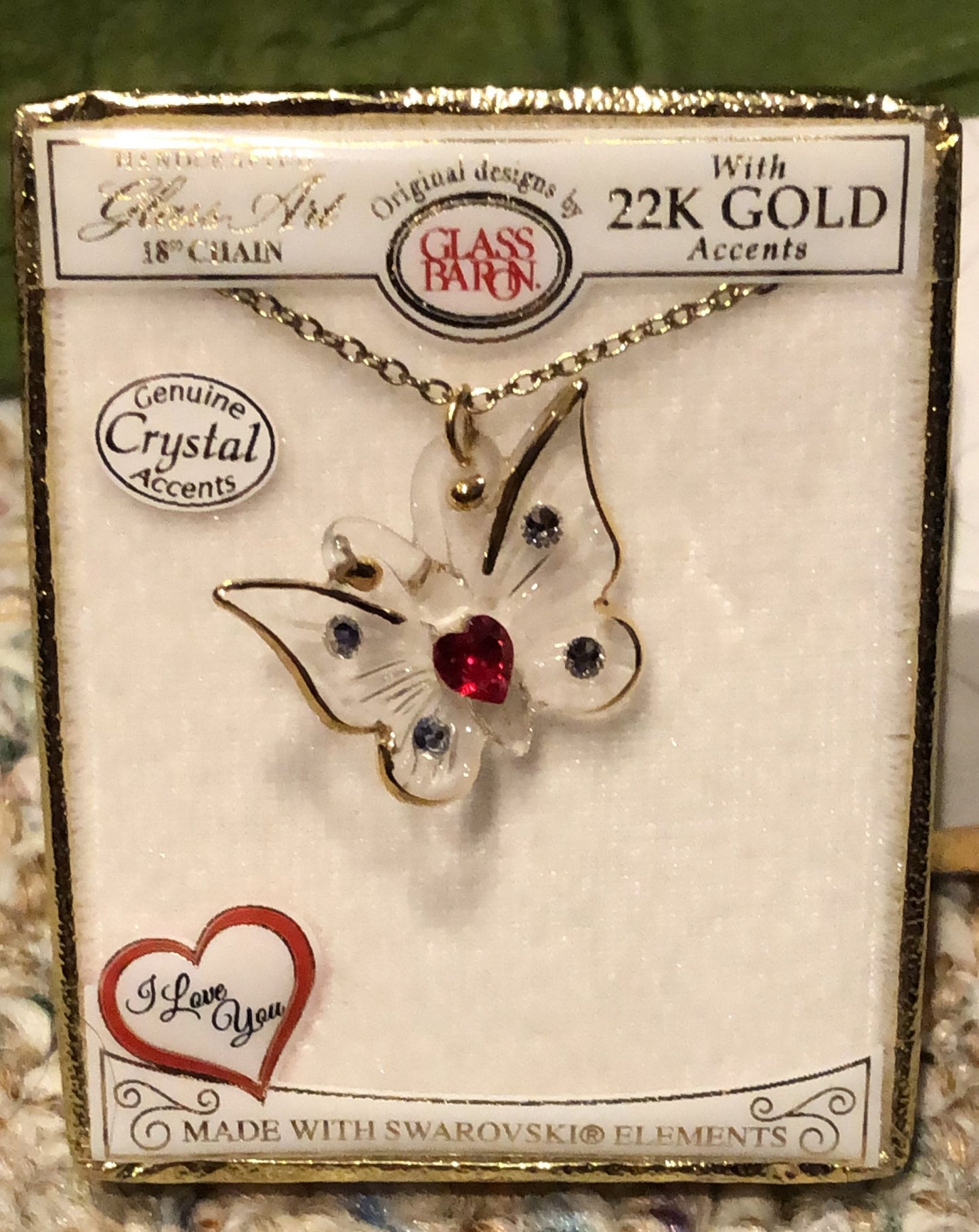 Glass Baron Butterfly Necklace with Red Crystal Heart