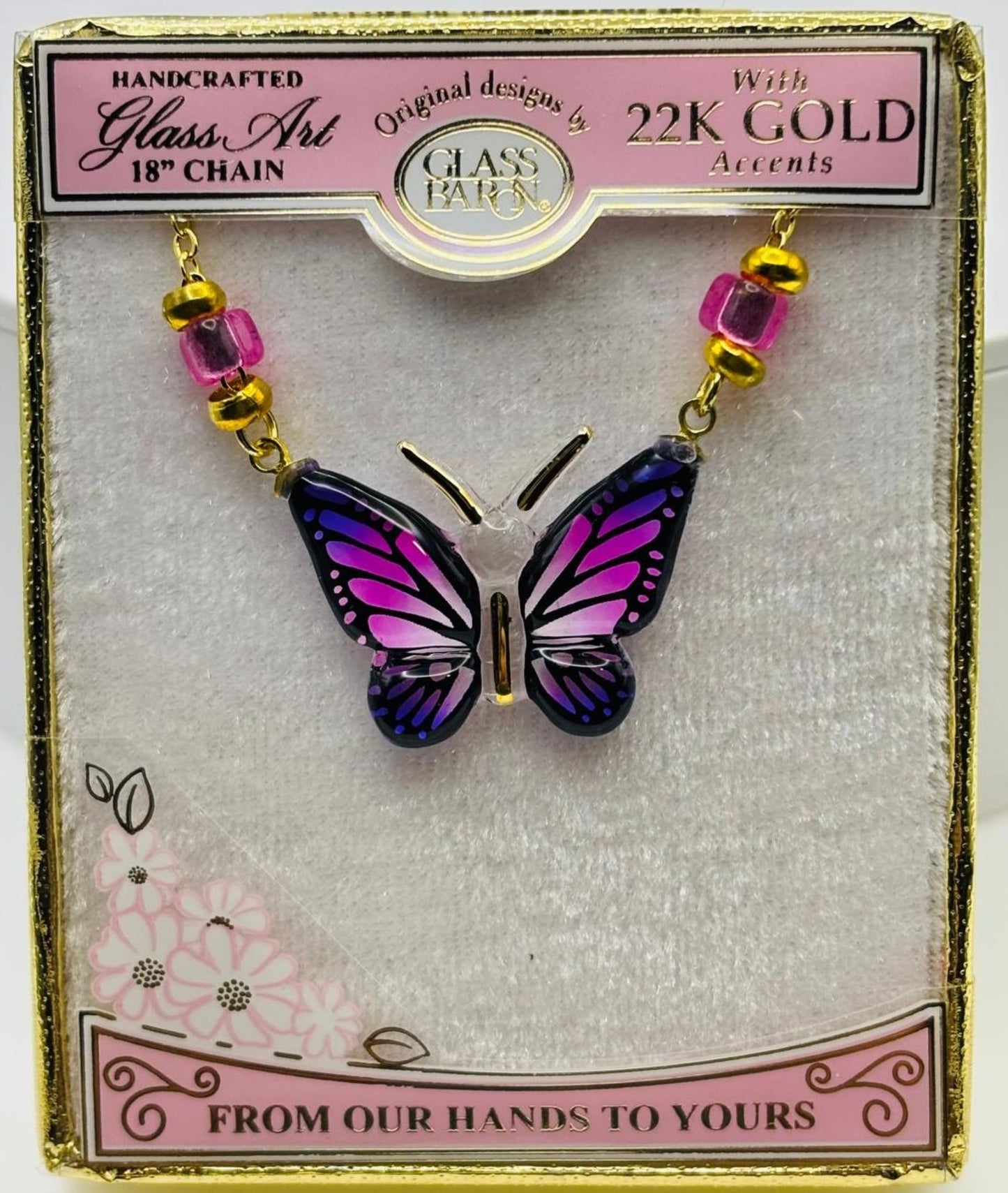 Purple Butterfly Necklace Handcrafted Glass Pendant on Gold Plated Chain