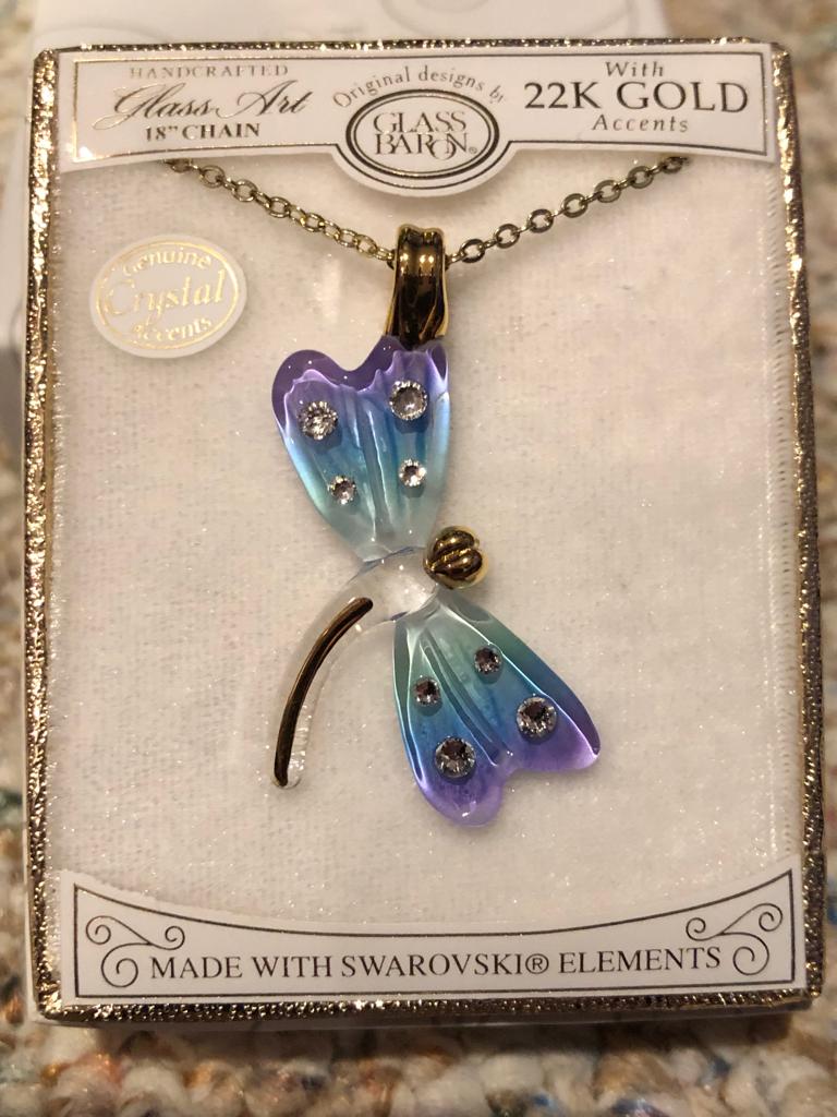 Glass Baron ~ Blue Dragonfly w/Crystals Necklace