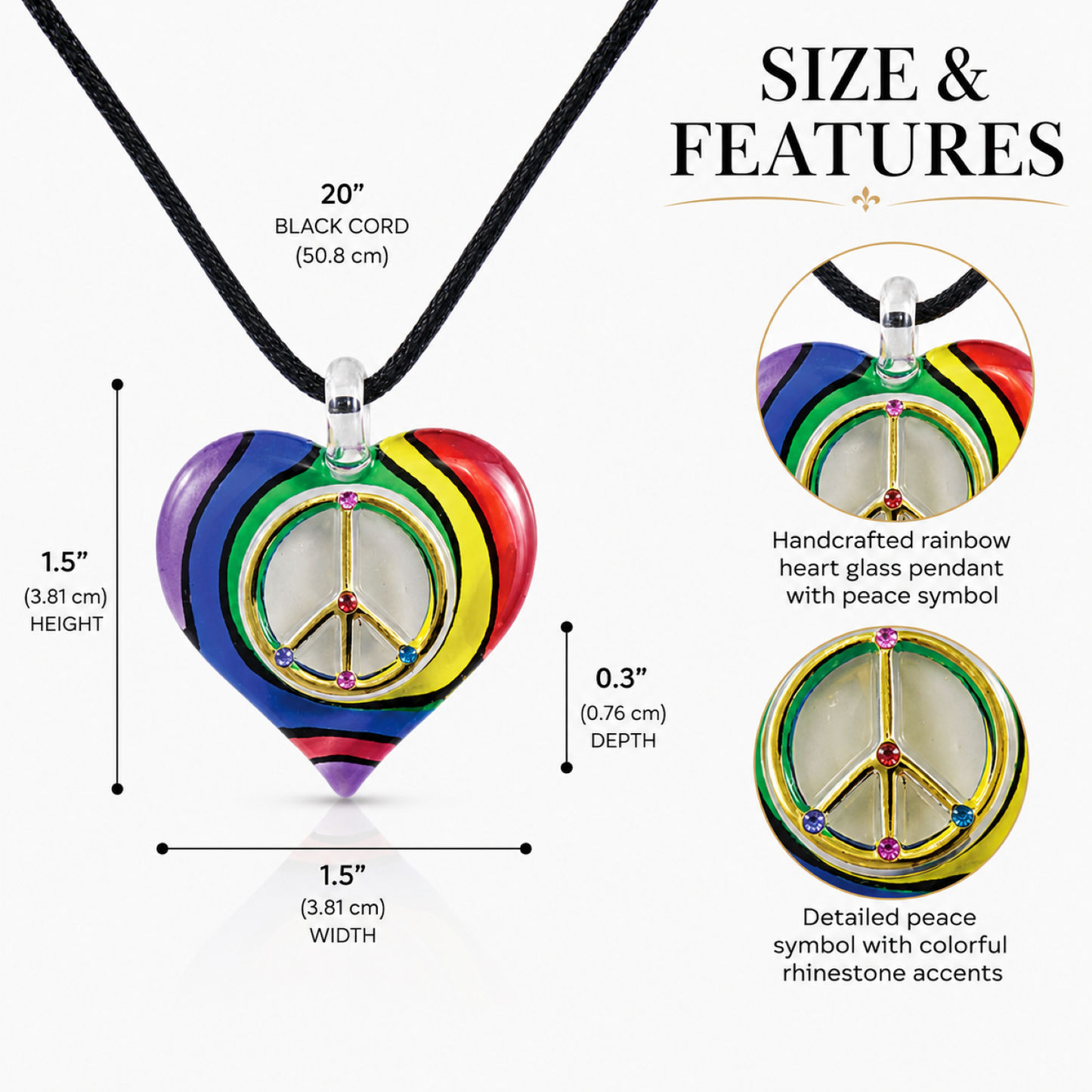 Rainbow Peace Sign Heart Pendant Necklace – Glass Heart Necklace on Black Cord