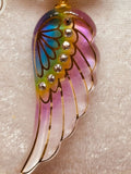 Rainbow Angel Wing Necklace Handcrafted Glass Pendant with Crystals on 18" Gold Chain