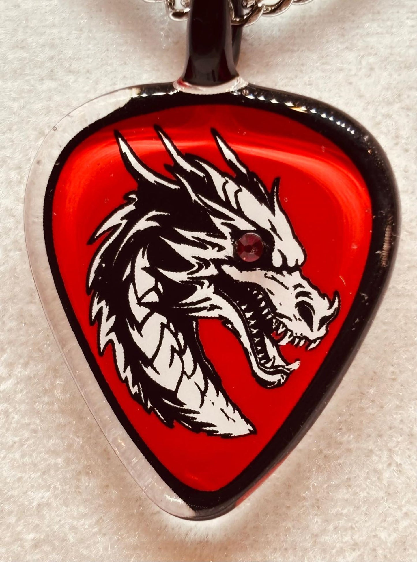 Dragon Guitar Pick Necklace Handcrafted Glass Dragon Pendant with Crystals