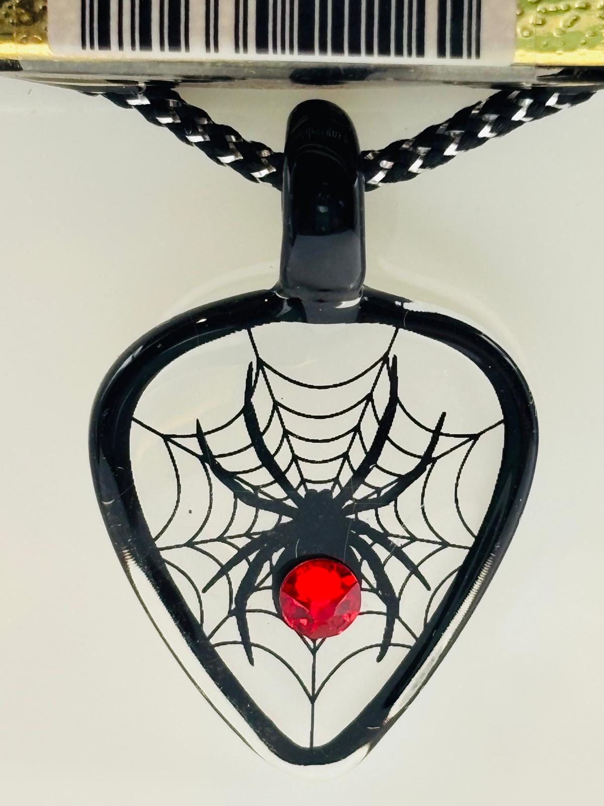 Spider Guitar Pick Necklace Gothic Black Spider Web Pendant on Cord