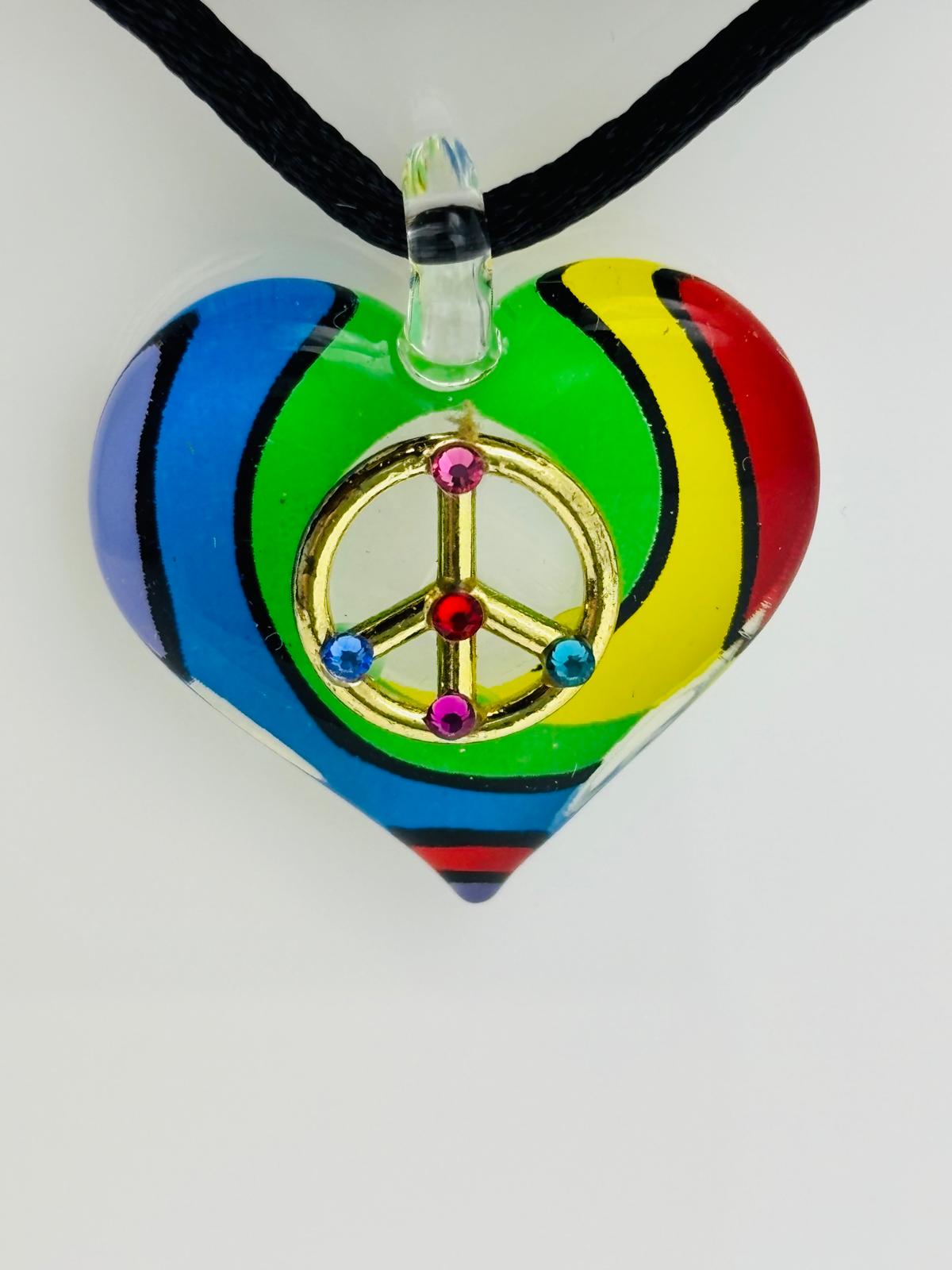 Rainbow Heart Peace Sign Necklace Pendant Glass Jewelry Gift for Her Pride Jewelry Love Symbol