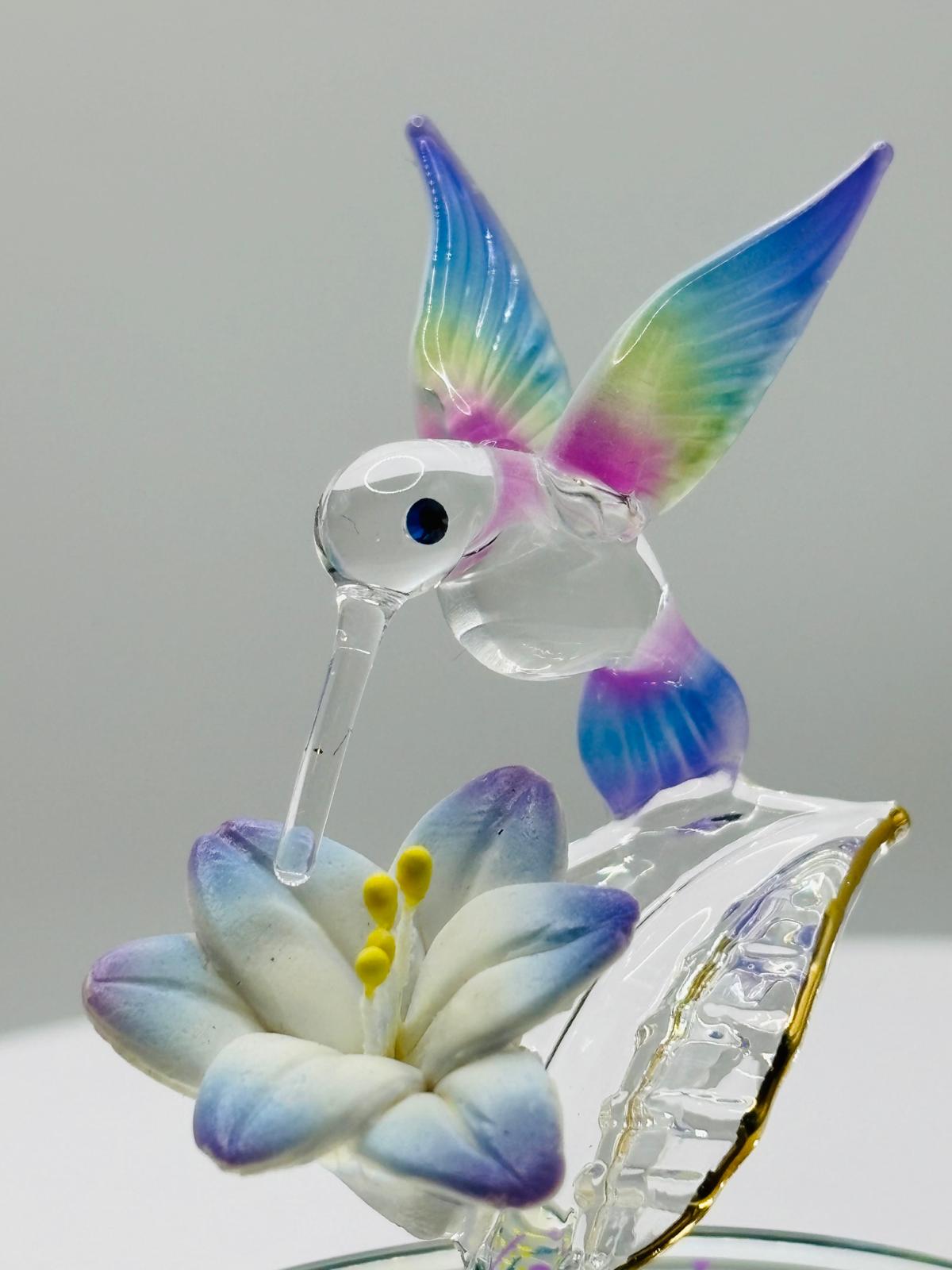 Blue Hummingbird Glass Figurine Miniature Lily Flower Decor Collectible