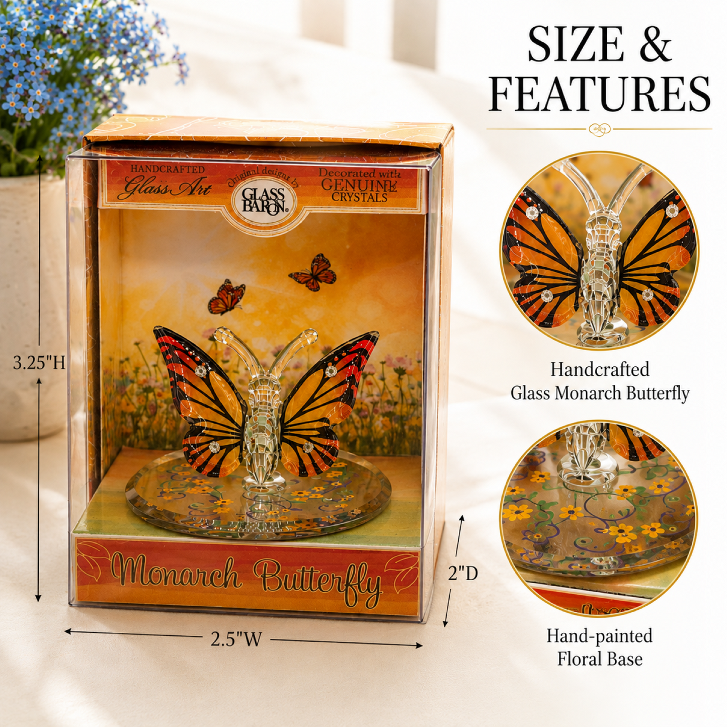 Monarch Butterfly Glass Figurine Keepsake Box, Handcrafted Butterfly Gift, Crystal Collectible, Home Decor