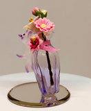 Cute Cat with Vase Figurine Handcrafted Pink Cat with Flowers on Glass