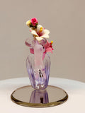 Cute Cat with Vase Figurine Handcrafted Pink Cat with Flowers on Glass