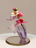 Cute Cat with Vase Figurine Handcrafted Pink Cat with Flowers on Glass