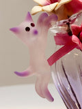 Cute Cat with Vase Figurine Handcrafted Pink Cat with Flowers on Glass
