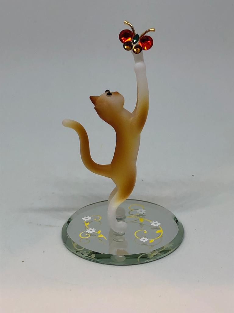 Glass Tabby Cat with Butterfly Collectible Figurine
