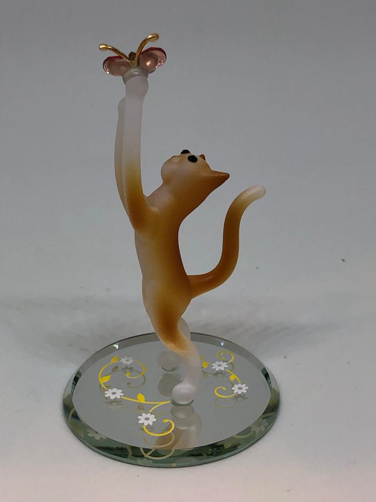 Glass Tabby Cat with Butterfly Collectible Figurine