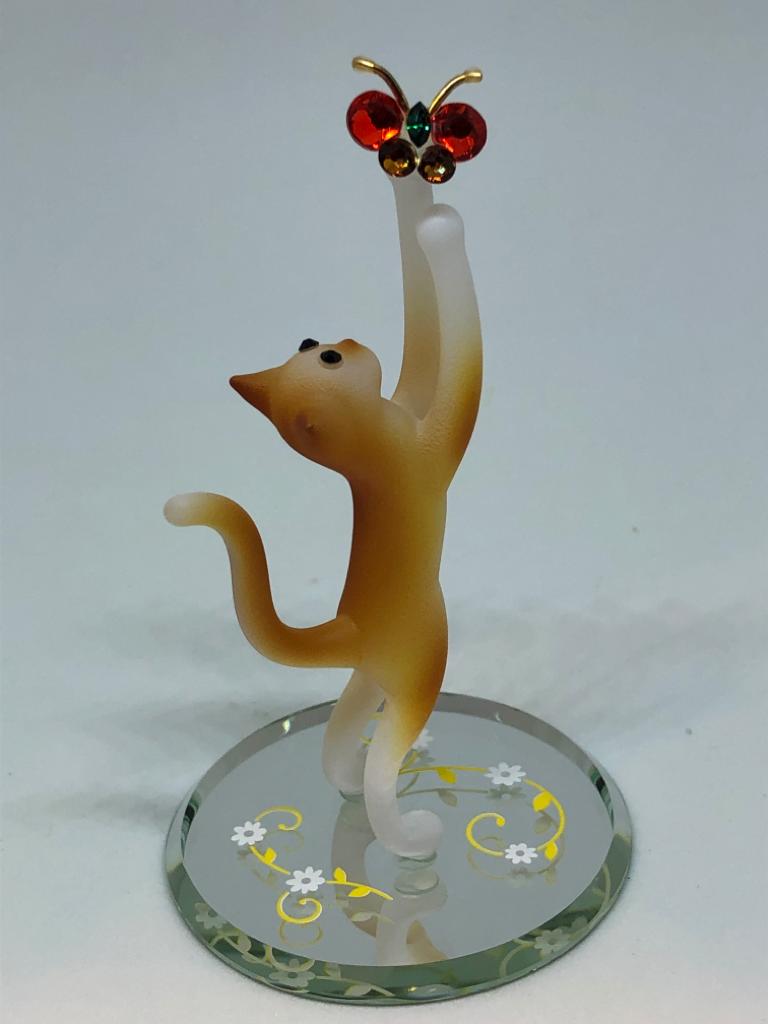 Glass Tabby Cat with Butterfly Collectible Figurine