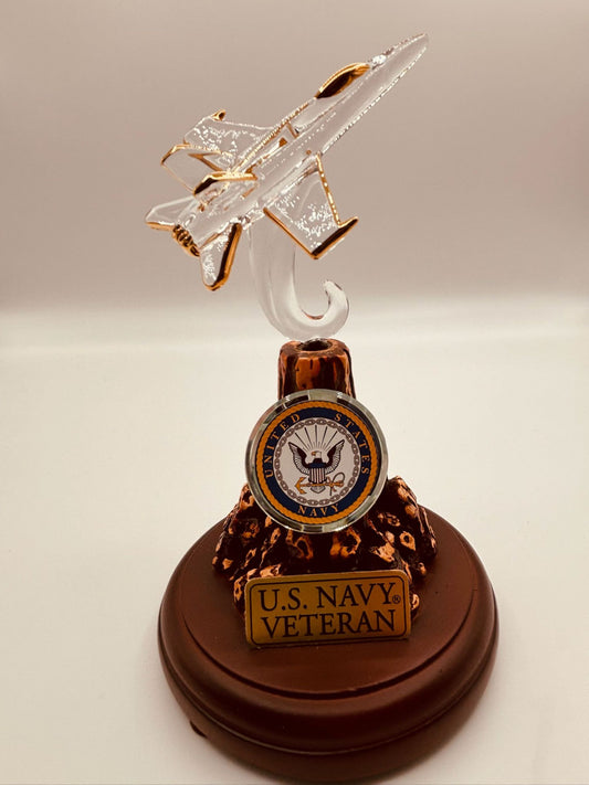 U.S. Navy Veteran F-18 Fighter Jet Figurine – Handcrafted Glass with 22K Gold Accents