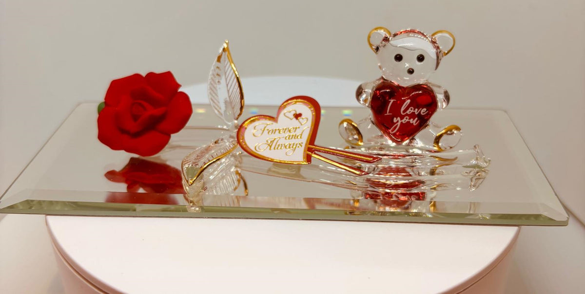 Rose and Bear Figurine Handcrafted Romantic Gift, Anniversary Decor