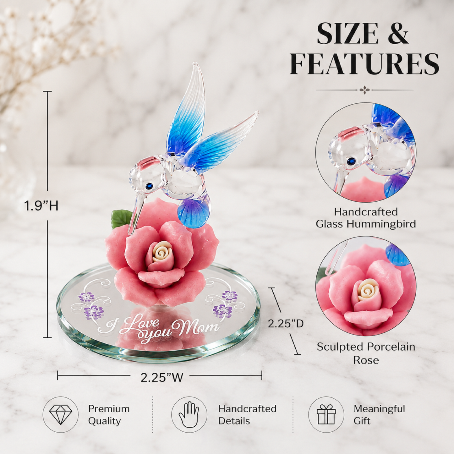 Hummingbird Figurine with Pink Rose, I Love You Mom Gift, Mother’s Day Gift