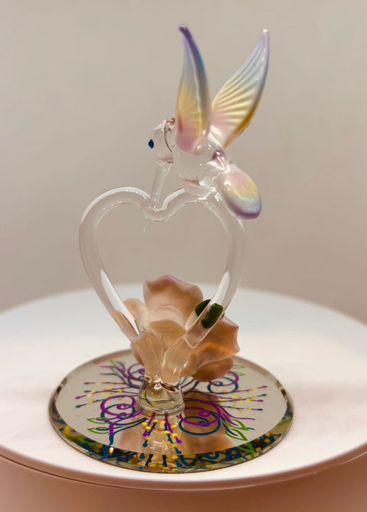 Glass Hummingbird Figurine with Crystal Heart Handcrafted Pink Heart Sculpture Glass Art Collectible Home Decor Accent