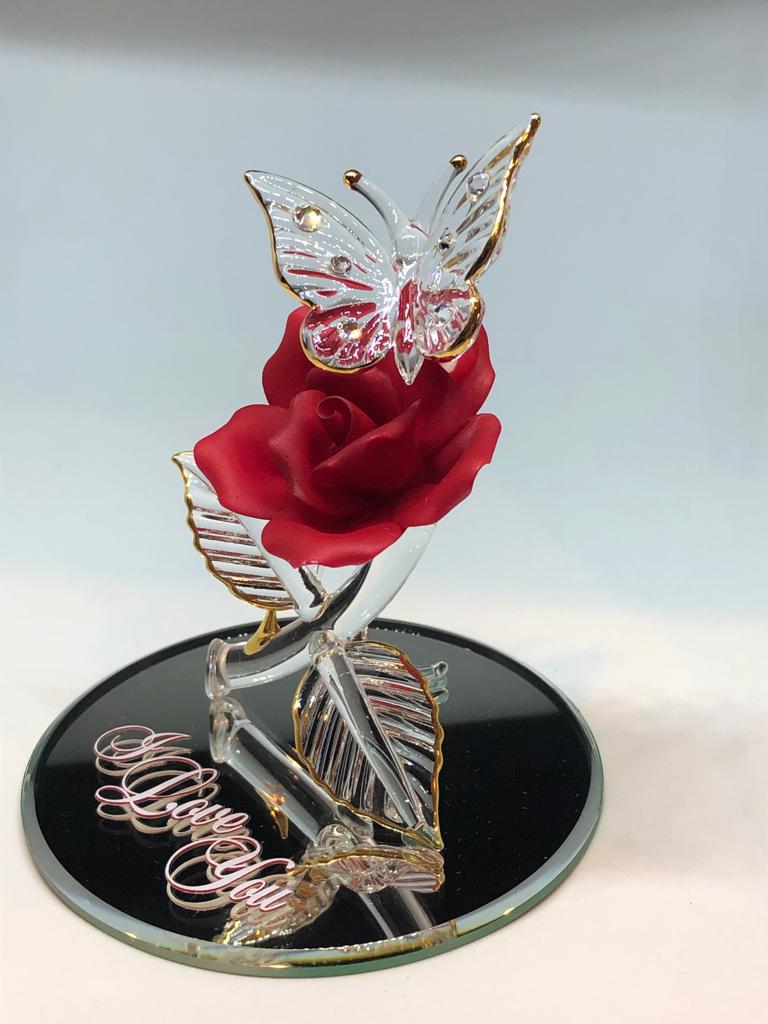 Crystals Butterfly and Red Rose, I Love You, Handcrafted Butterfly Figurine, Flower-Gift for her, Anniversary Gift