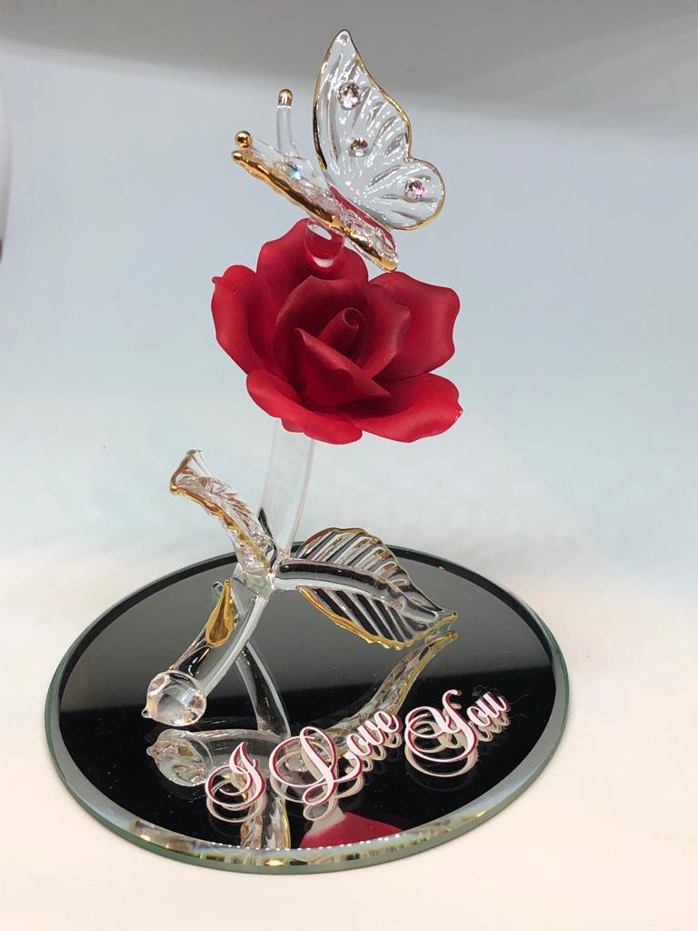 Glass Baron Butterfly with Red Rose I Love You Figurine