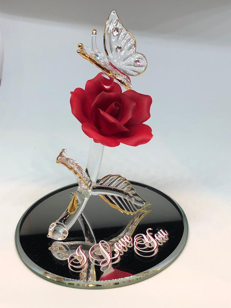 Crystals Butterfly and Red Rose, I Love You, Handcrafted Butterfly Figurine, Flower-Gift for her, Anniversary Gift