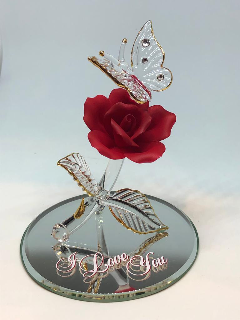 Glass Baron Butterfly with Red Rose I Love You Figurine